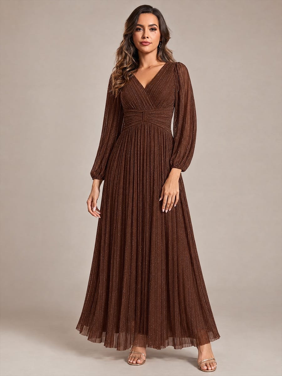 Sparkle Long Sleeve Formal Evening Dress with A-line Silhouette #color_Chocolate brown