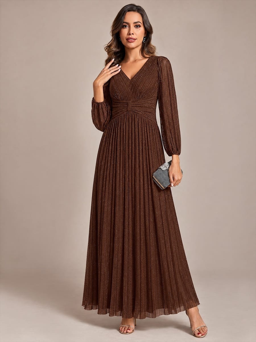 Sparkle Long Sleeve Wedding Guest Dress with A-line Silhouette #color_Chocolate brown