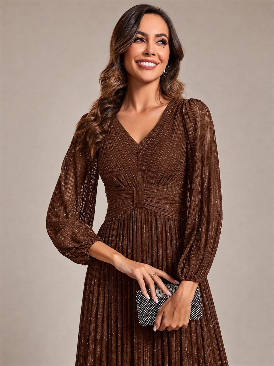 Sparkle Long Sleeve Formal Evening Dress with A-line Silhouette #color_Chocolate brown