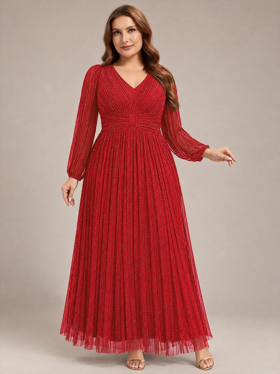 Sparkle Long Sleeve Wedding Guest Dress with A-line Silhouette #color_Red