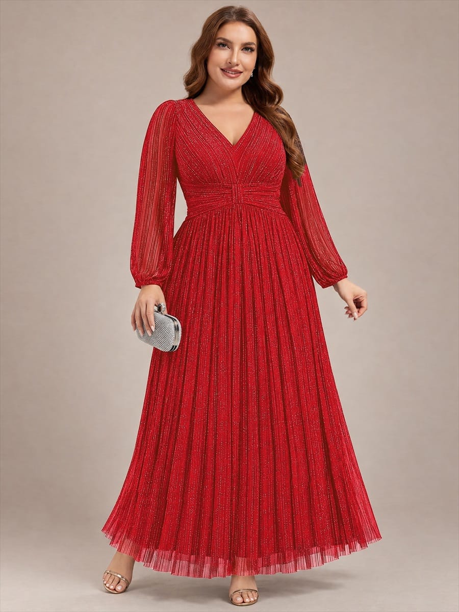 Sparkle Long Sleeve Wedding Guest Dress with A-line Silhouette #color_Red