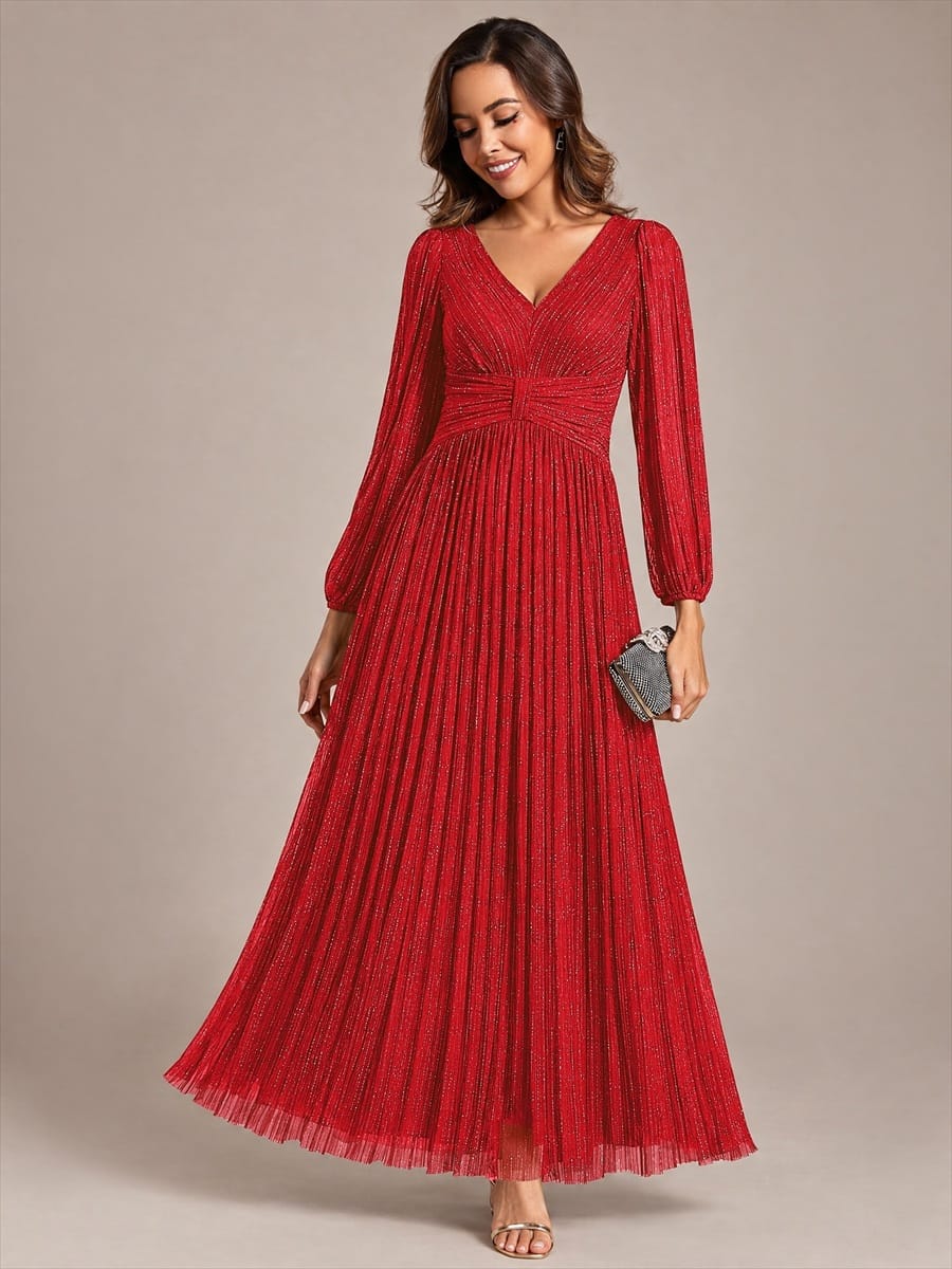 Sparkle Long Sleeve Formal Evening Dress with A-line Silhouette #color_Red