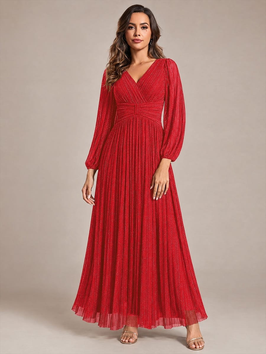 Sparkle Long Sleeve Formal Evening Dress with A-line Silhouette #color_Red