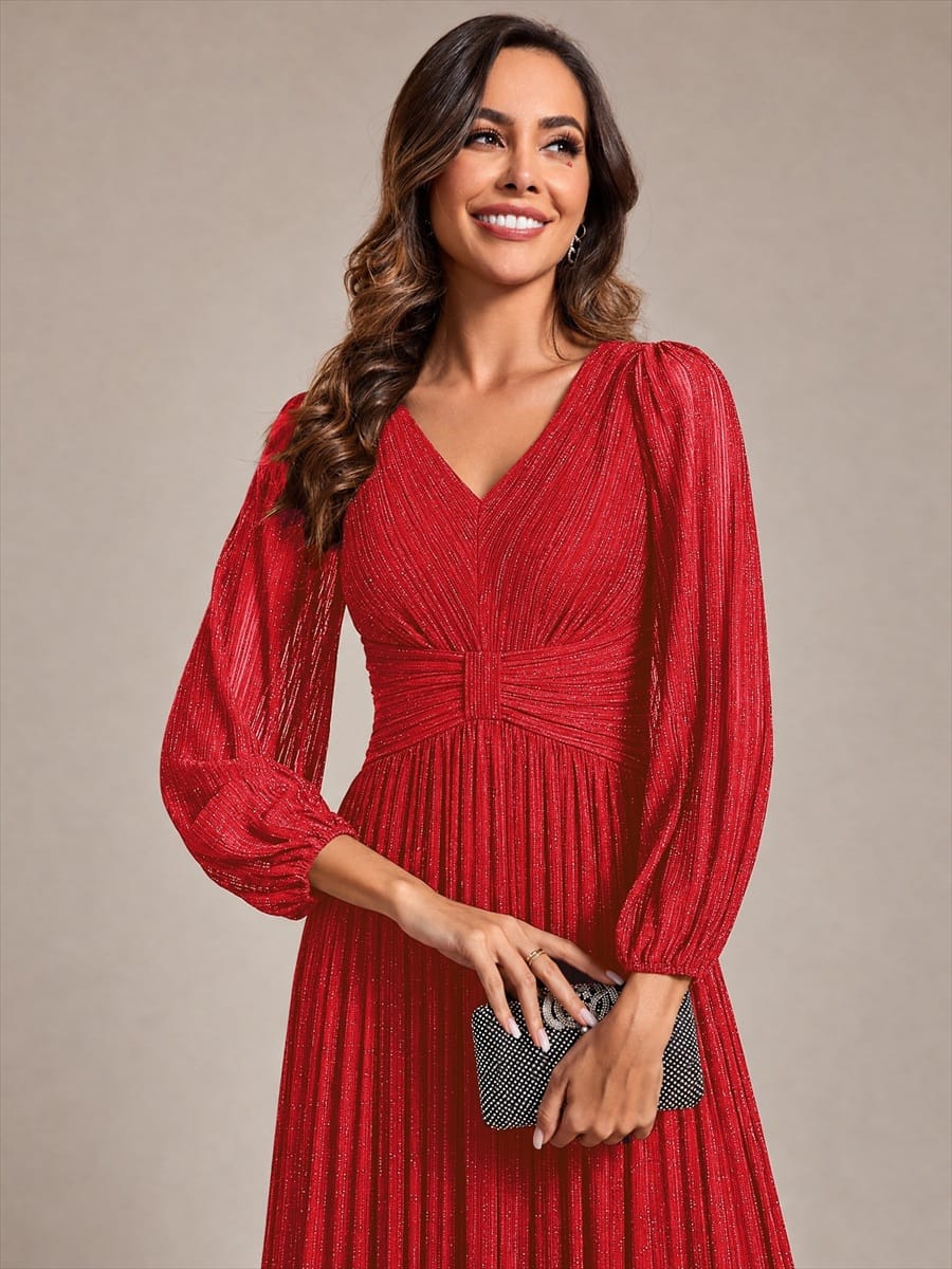 Sparkle Long Sleeve Formal Evening Dress with A-line Silhouette #color_Red
