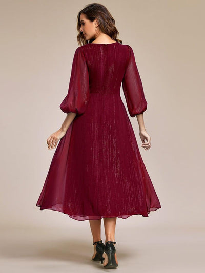 Shimmering Long Sleeve V-Neck Chiffon Twist Knot A-Line Evening Dress #color_Burgundy