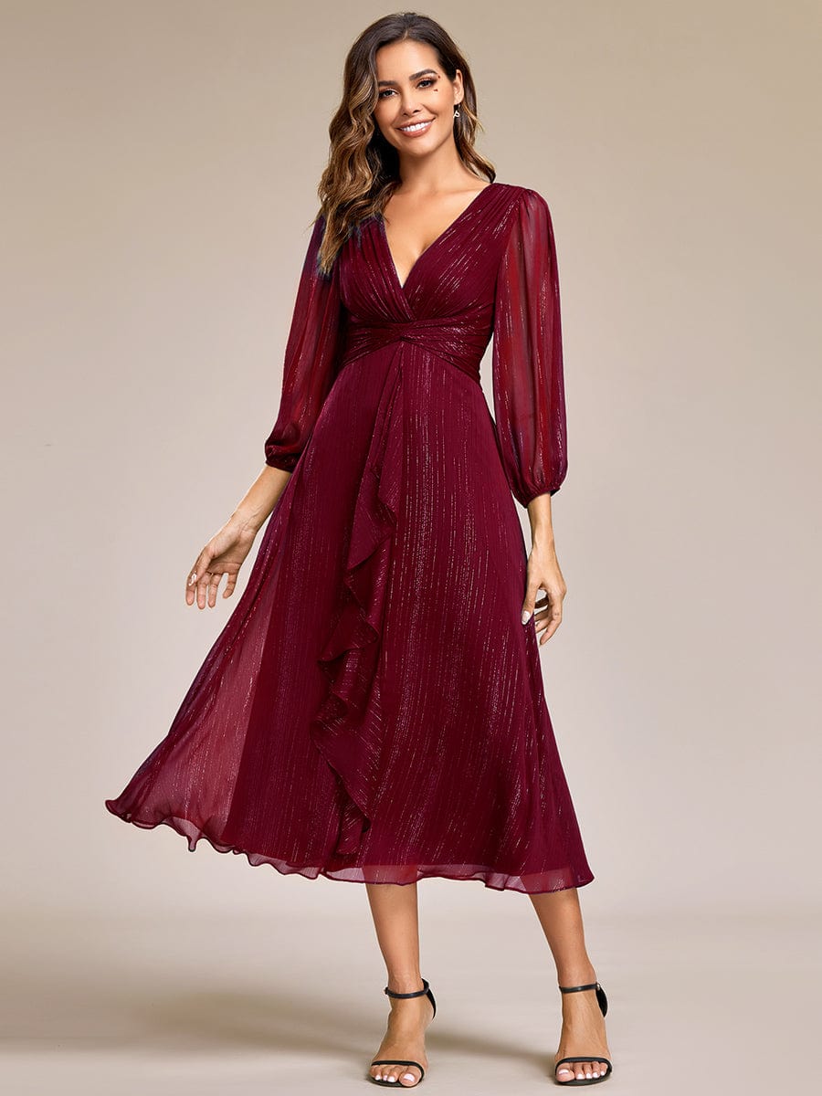 Shimmering Long Sleeve V-Neck Chiffon Twist Knot A-Line Evening Dress #color_Burgundy