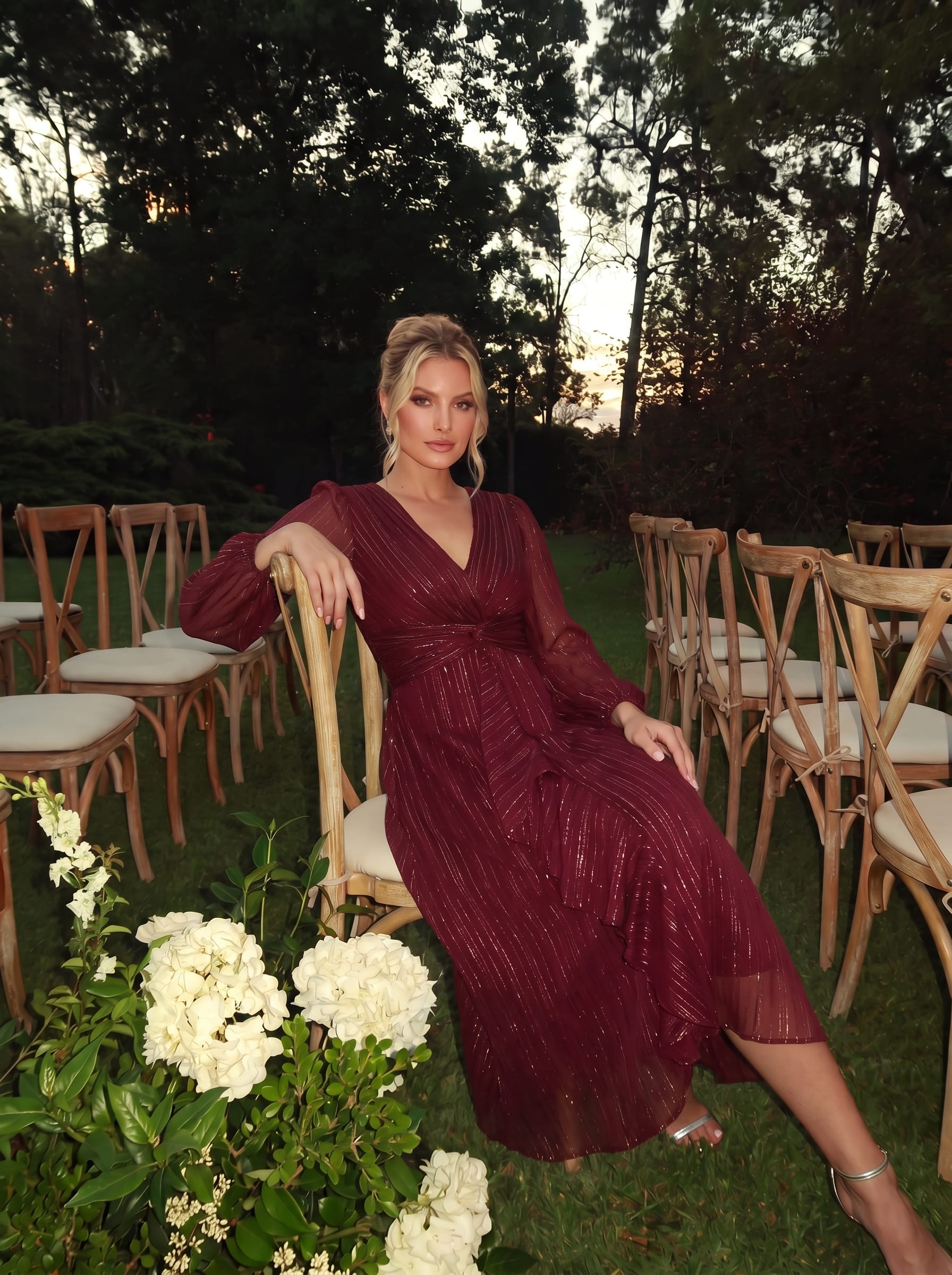 Shimmering Long Sleeve V-Neck Chiffon Twist Knot A-Line Evening Dress #color_Burgundy
