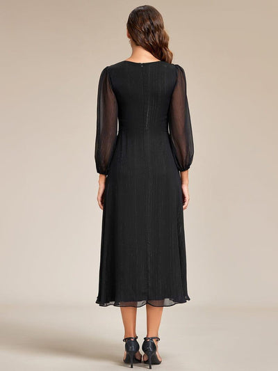 Shimmering Long Sleeve V-Neck Chiffon Twist Knot A-Line Evening Dress #color_Black