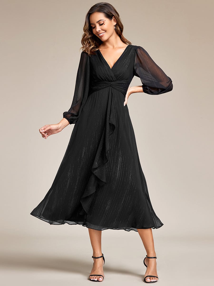 Shimmering Long Sleeve V-Neck Chiffon Twist Knot A-Line Evening Dress #color_Black
