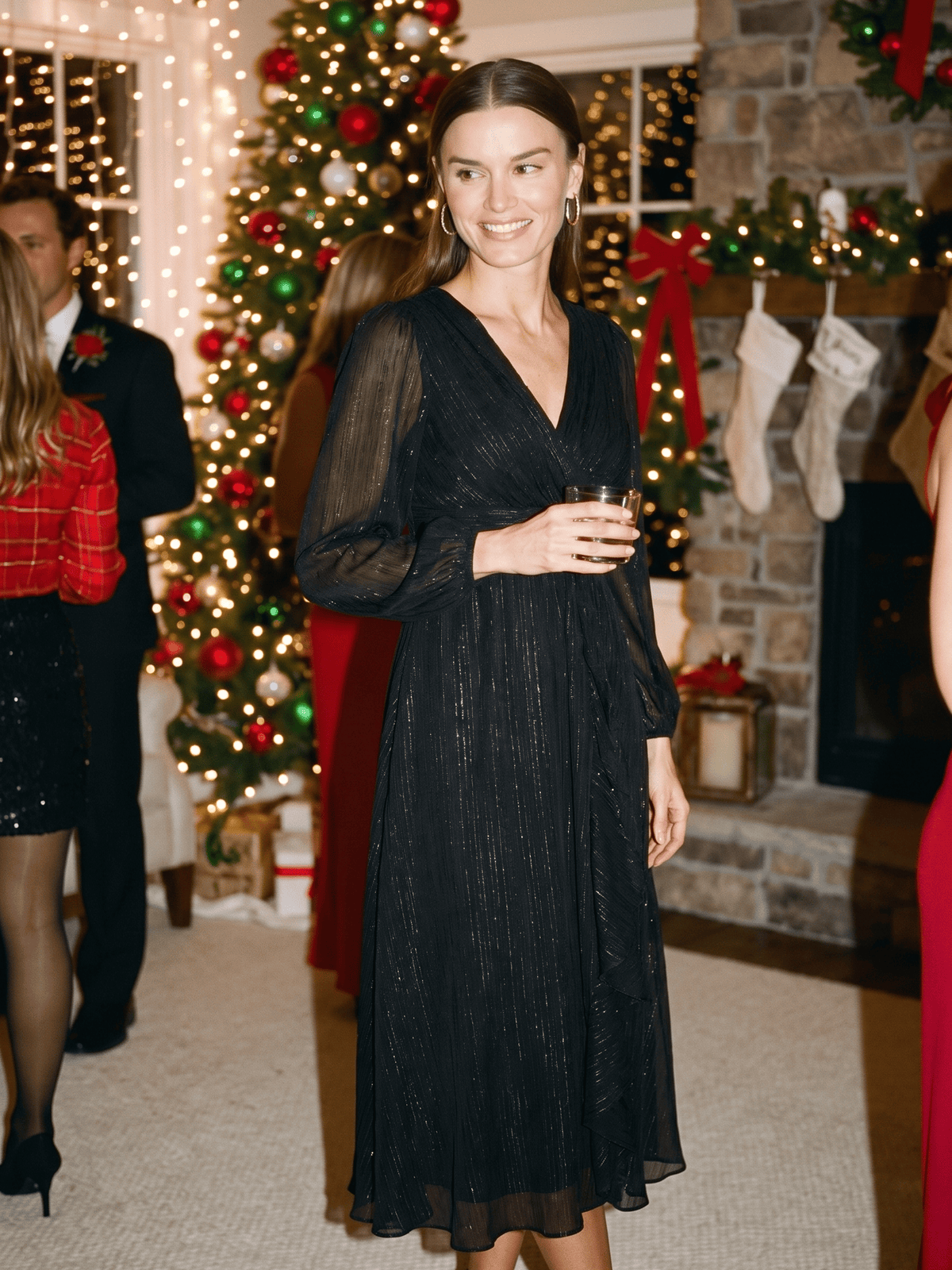 Shimmering Long Sleeve V-Neck Chiffon Twist Knot A-Line Evening Dress #color_Black