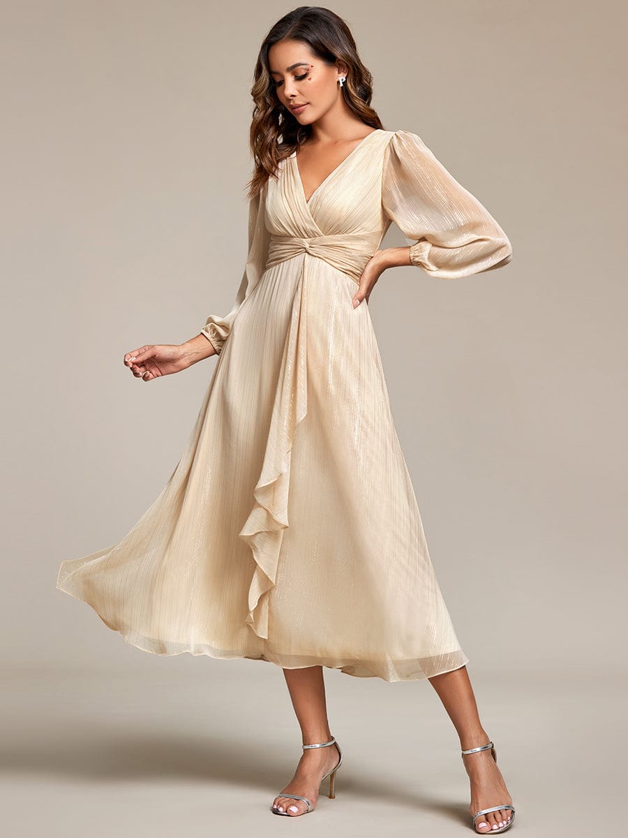 Shimmering Long Sleeve V-Neck Chiffon Twist Knot A-Line Evening Dress #color_Champagne