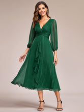 Shimmering Long Sleeve V-Neck Chiffon Twist Knot A-Line Evening Dress #color_Dark Green