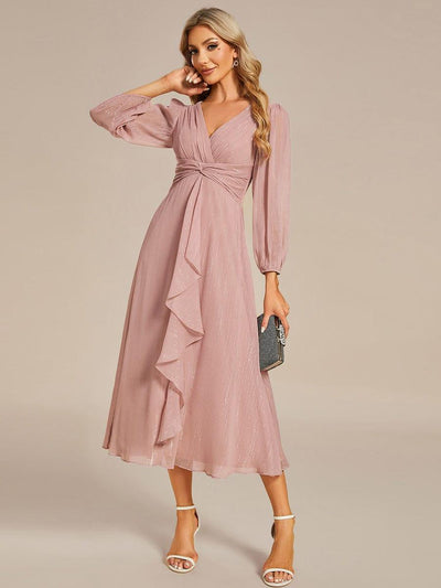 Shimmering Long Sleeve V-Neck Chiffon Twist Knot A-Line Evening Dress #color_Dusty Rose