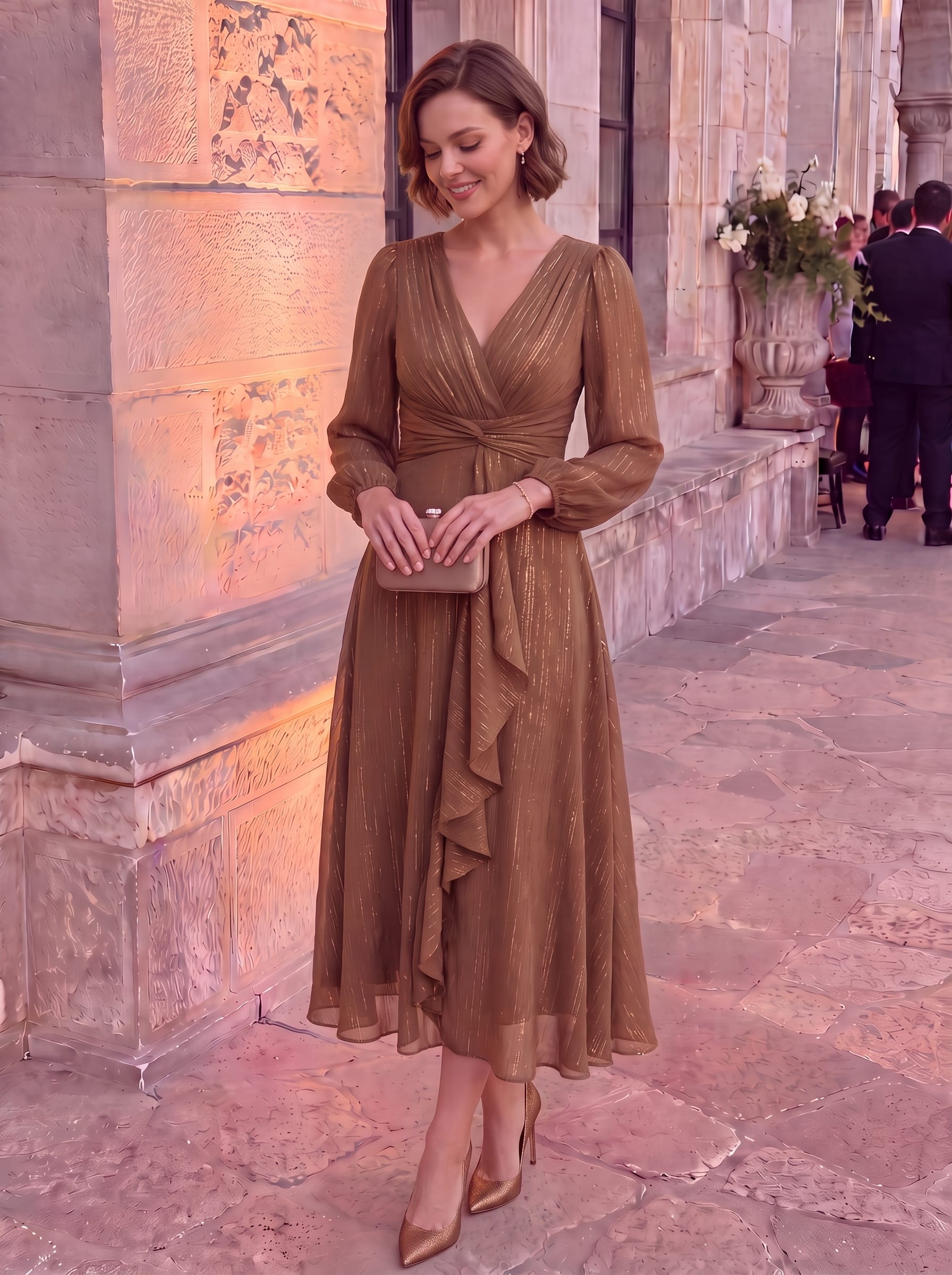 Shimmering Long Sleeve V-Neck Chiffon Twist Knot A-Line Evening Dress #color_Emperador