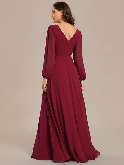 Pleated Double V-Neck Long Sleeves Shiny Belt Chiffon Evening Dress #color_Burgundy