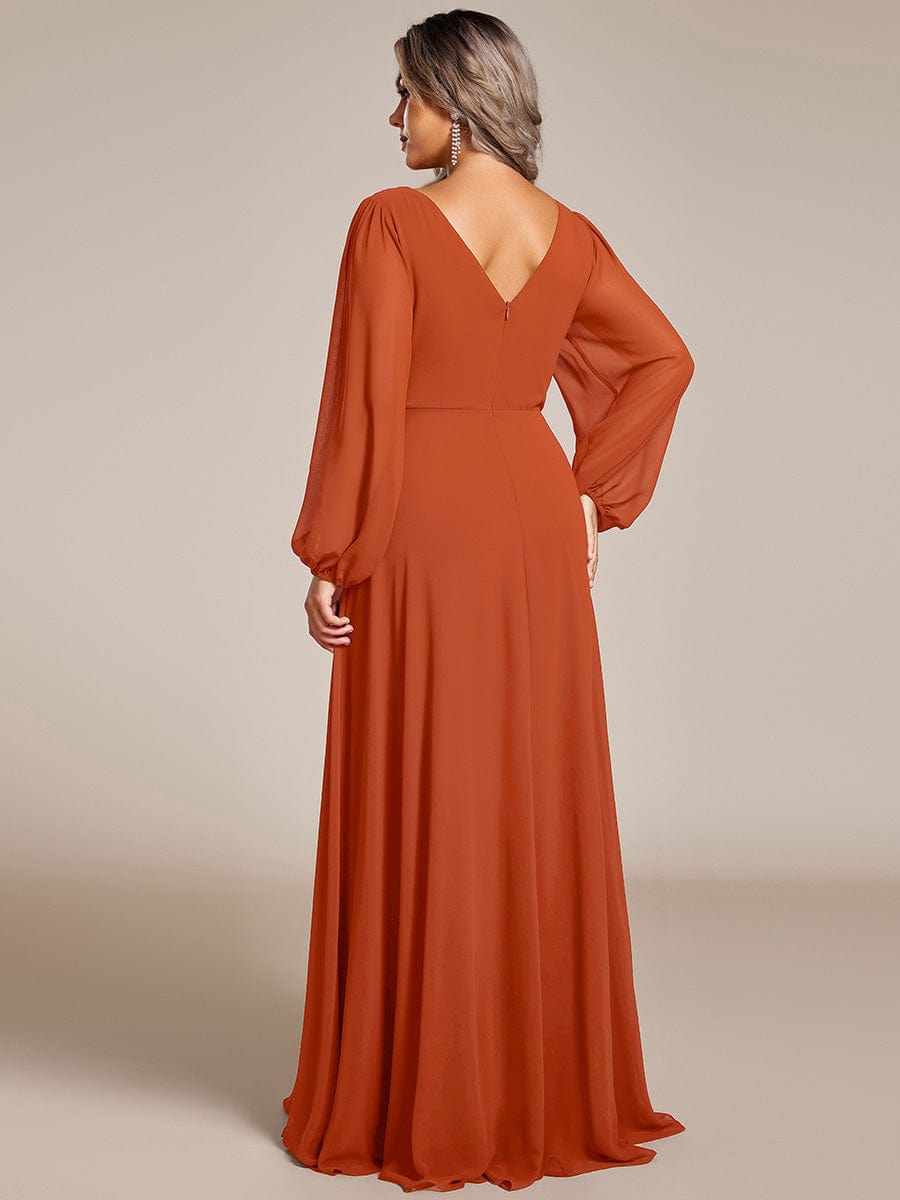 Plus Size Pleated Double V-Neck Long Sleeves Shiny Belt Chiffon Evening Dress #color_Burnt Orange