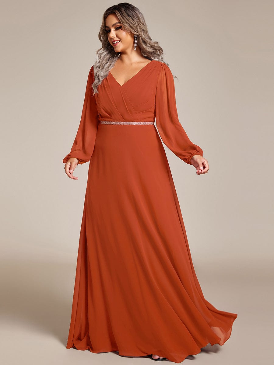 Plus Size Pleated Double V-Neck Long Sleeves Shiny Belt Chiffon Evening Dress #color_Burnt Orange