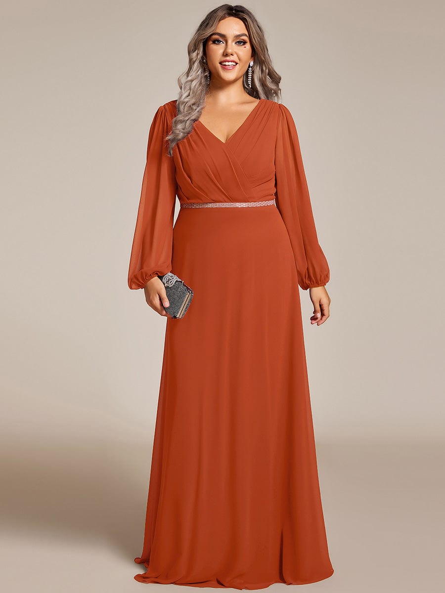 Plus Size Pleated Double V-Neck Long Sleeves Shiny Belt Chiffon Evening Dress #color_Burnt Orange