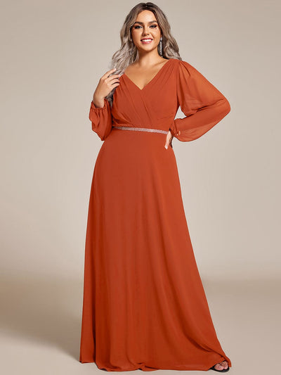 Plus Size Pleated Double V-Neck Long Sleeves Shiny Belt Chiffon Evening Dress #color_Burnt Orange