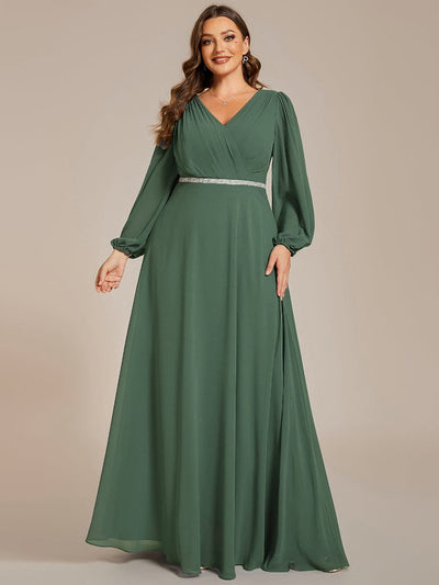 Plus Size Pleated Double V-Neck Long Sleeves Shiny Belt Chiffon Evening Dress #color_Eucalyptus Green