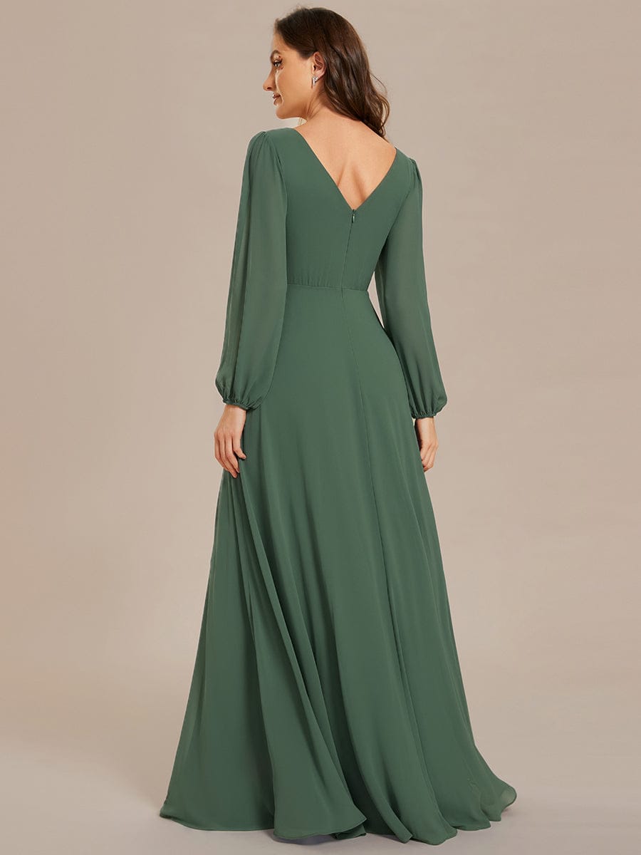 Pleated Double V-Neck Long Sleeves Shiny Belt Chiffon Evening Dress #color_Eucalyptus Green