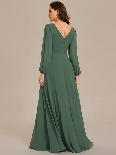 Pleated Double V-Neck Long Sleeves Shiny Belt Chiffon Evening Dress #color_Eucalyptus Green