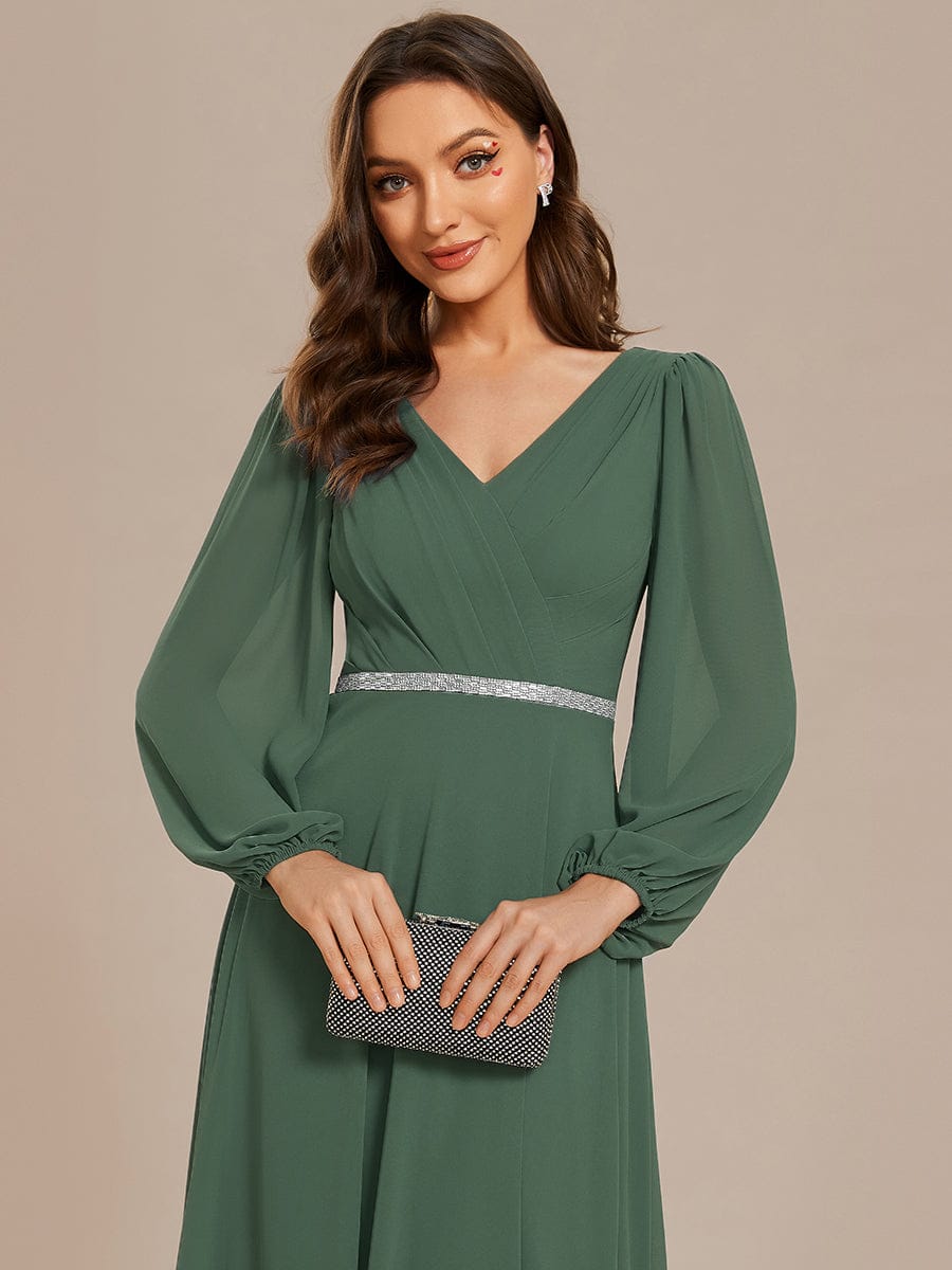 Pleated Double V-Neck Long Sleeves Shiny Belt Chiffon Evening Dress #color_Eucalyptus Green