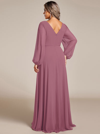 Plus Size Pleated Double V-Neck Long Sleeves Shiny Belt Chiffon Evening Dress #color_Purple Orchid