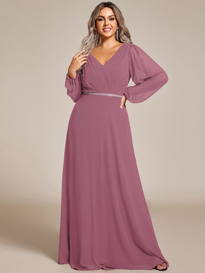 Plus Size Pleated Double V-Neck Long Sleeves Shiny Belt Chiffon Evening Dress #color_Purple Orchid