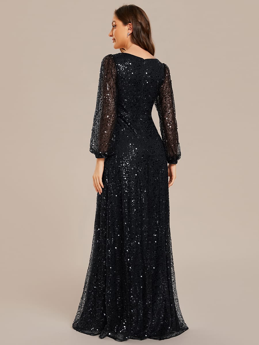 V-Neck Lantern Long Sleeve Sequin A-Line Evening Dress #color_Black