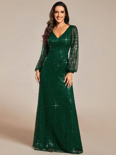 V-Neck Lantern Long Sleeve Sequin A-Line Evening Dress #color_Dark Green