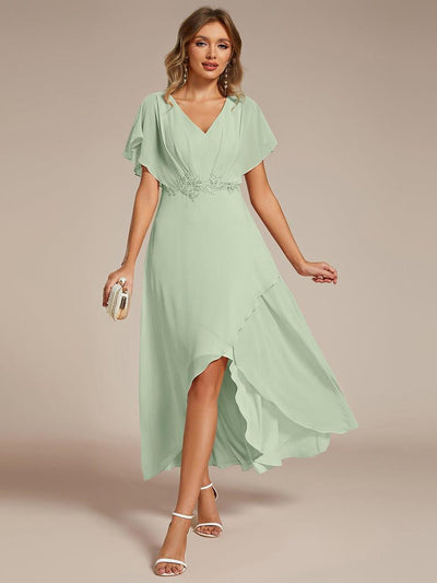 Waist Applique A-Line Chiffon V-Neck Wedding Guest Dress #color_Mint Green