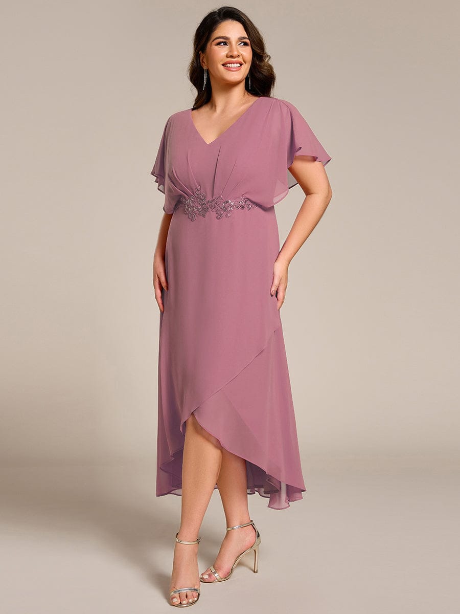 Waist Applique A-Line Chiffon V-Neck Wedding Guest Dress #color_Purple Orchid