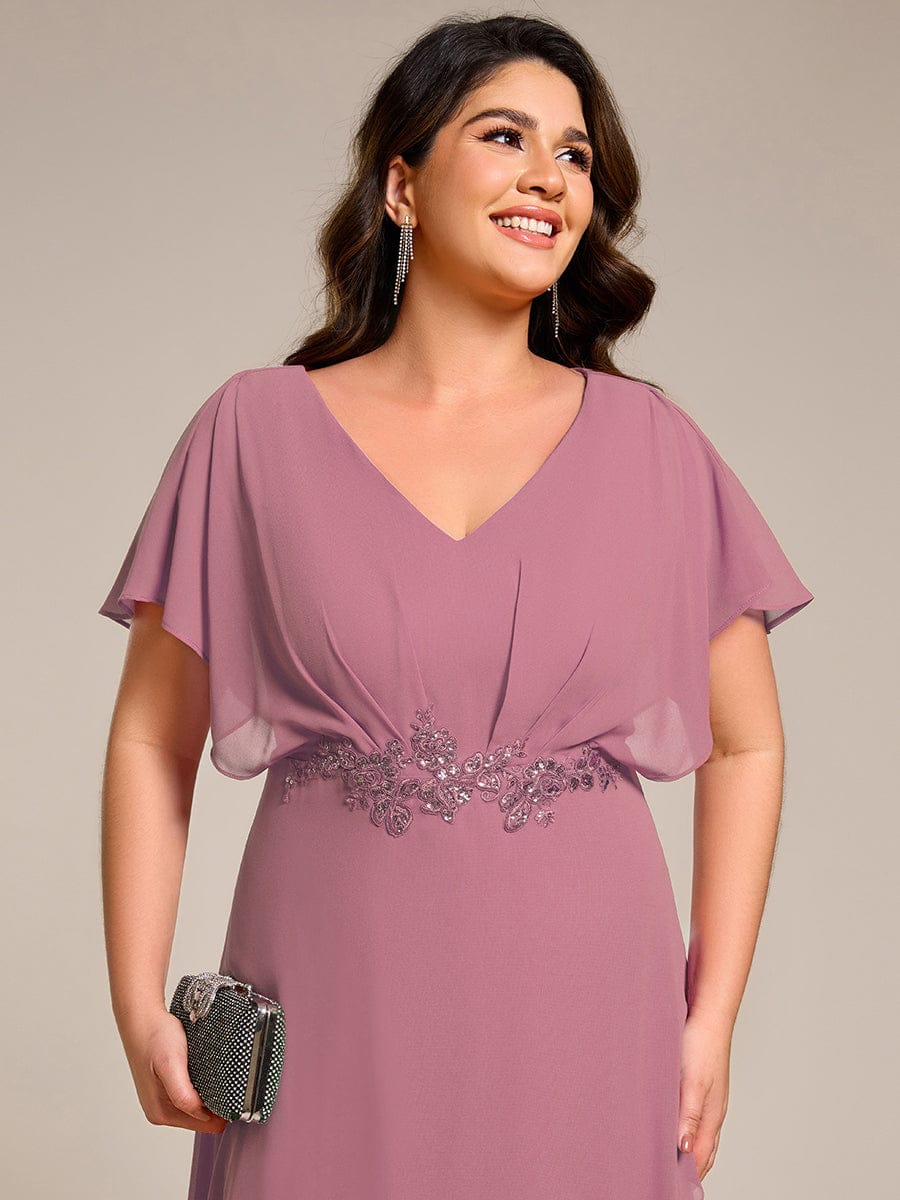 Waist Applique A-Line Chiffon V-Neck Evening Dress #color_Purple Orchid