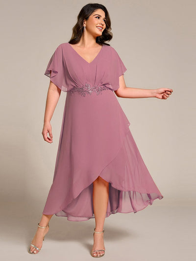 pretty LILAS|Plus Size Waist Applique A-Line Chiffon V-Neck Evening Dress