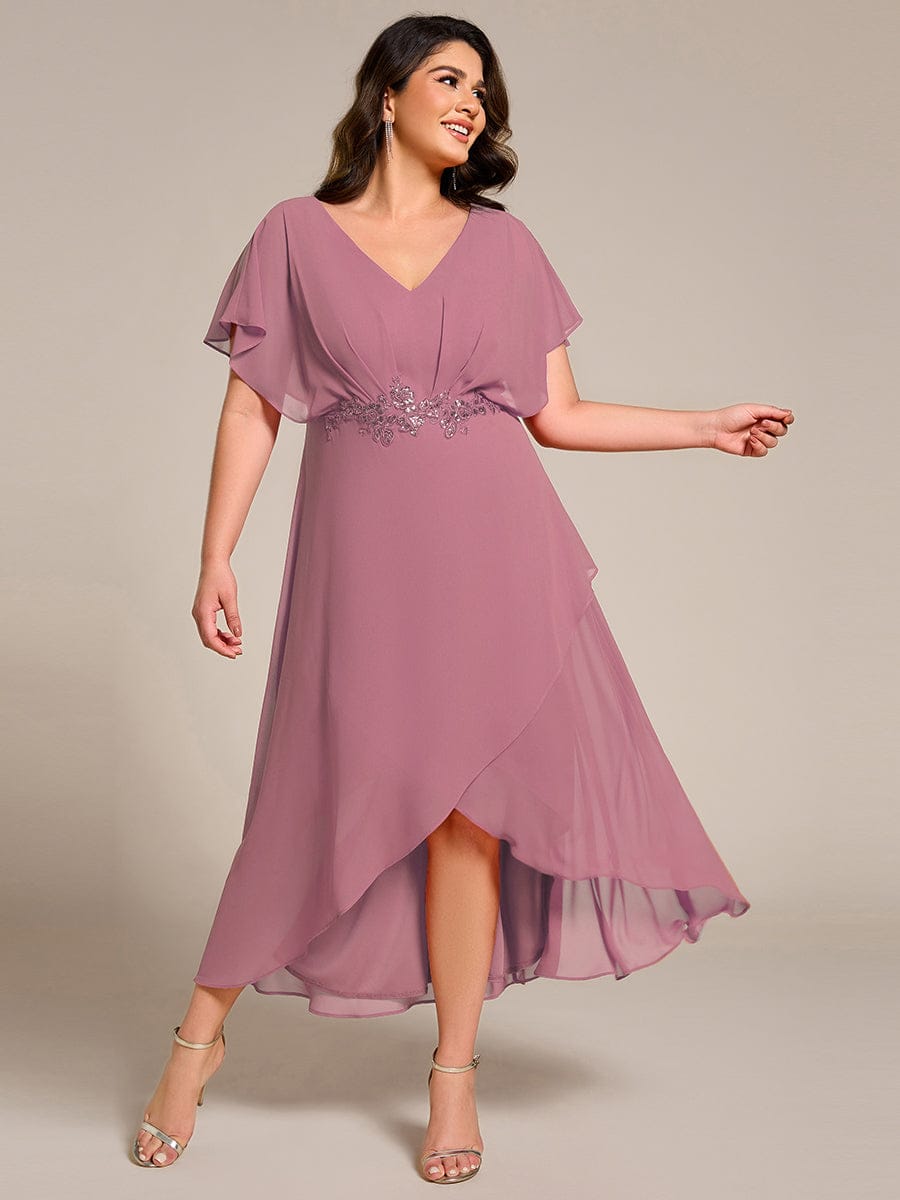 Plus Size Waist Applique A-Line Chiffon V-Neck Evening Dress #color_Purple Orchid