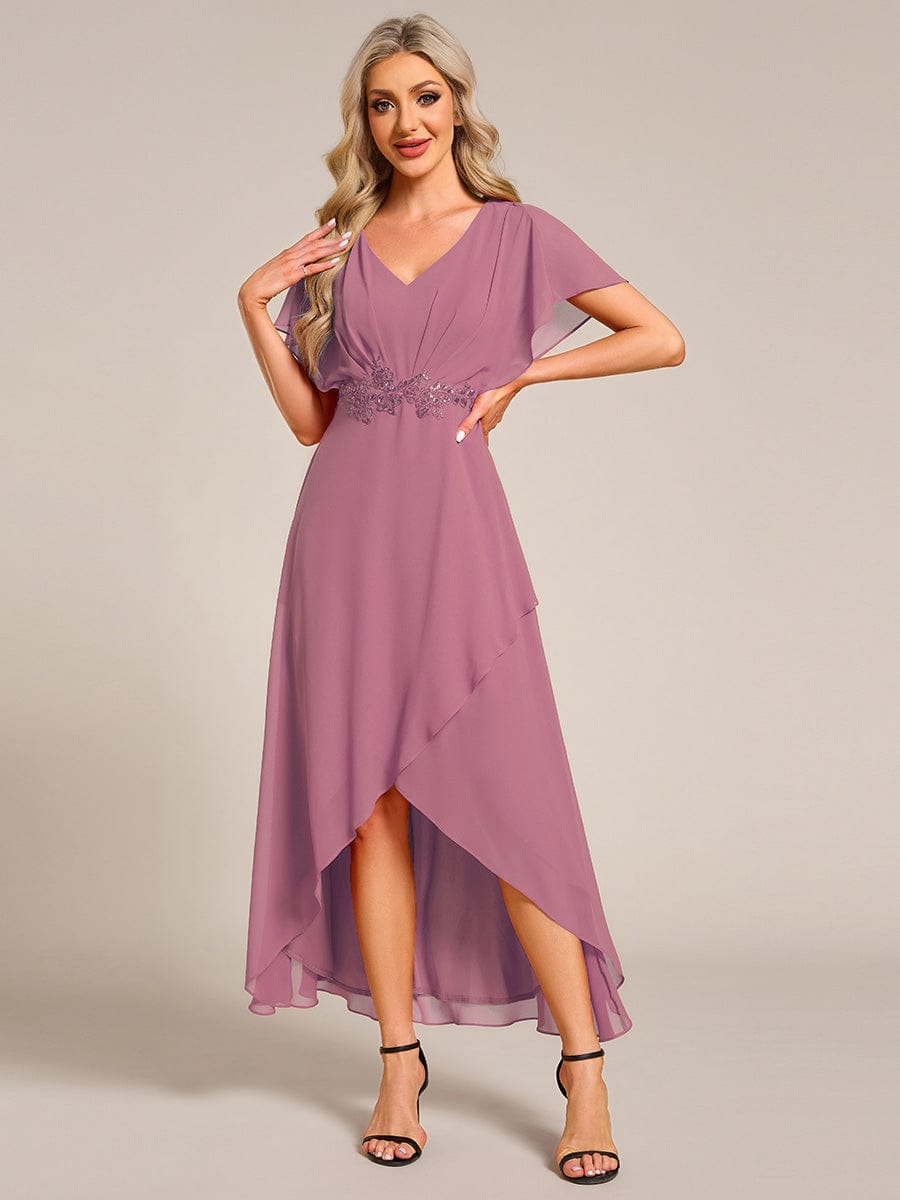 Waist Applique A-Line Chiffon V-Neck Evening Dress #color_Purple Orchid