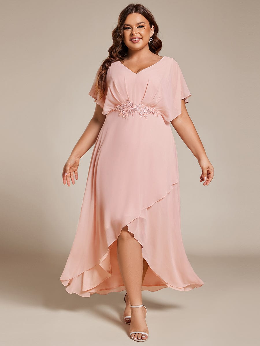 Plus Size Waist Applique A-Line Chiffon V-Neck Evening Dress #color_Pink
