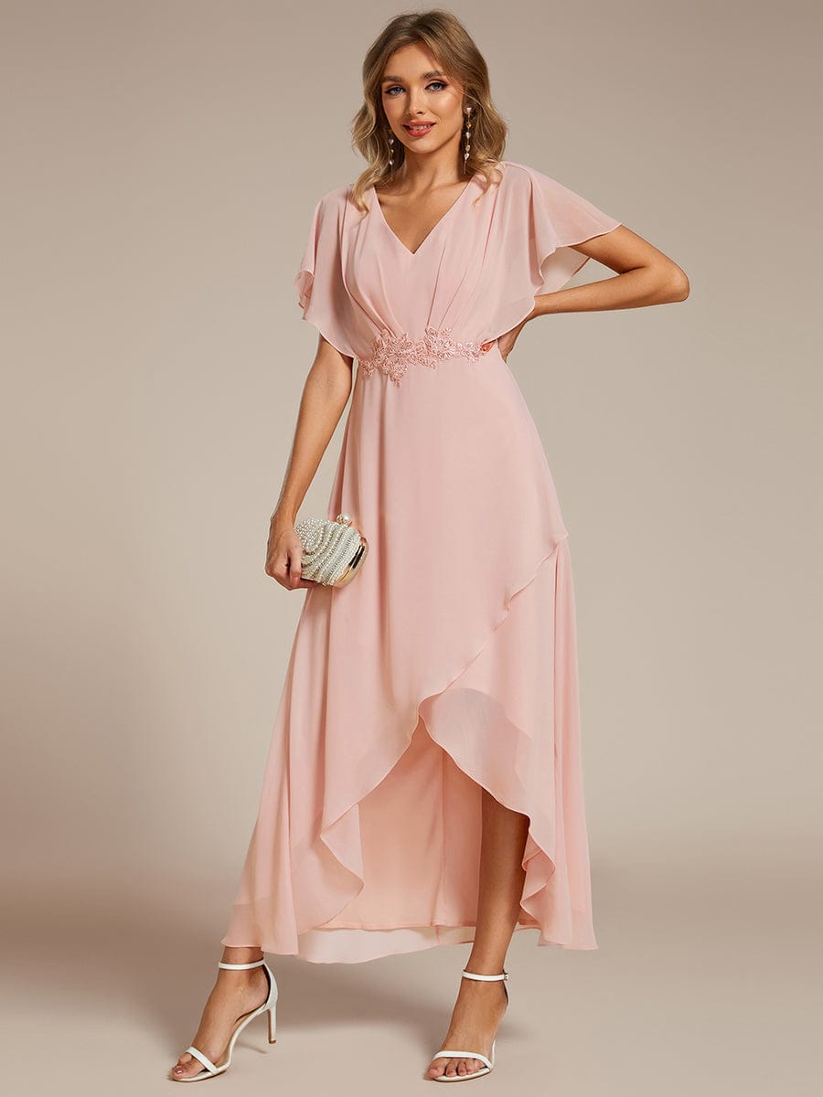 Waist Applique A-Line Chiffon V-Neck Evening Dress #color_Pink