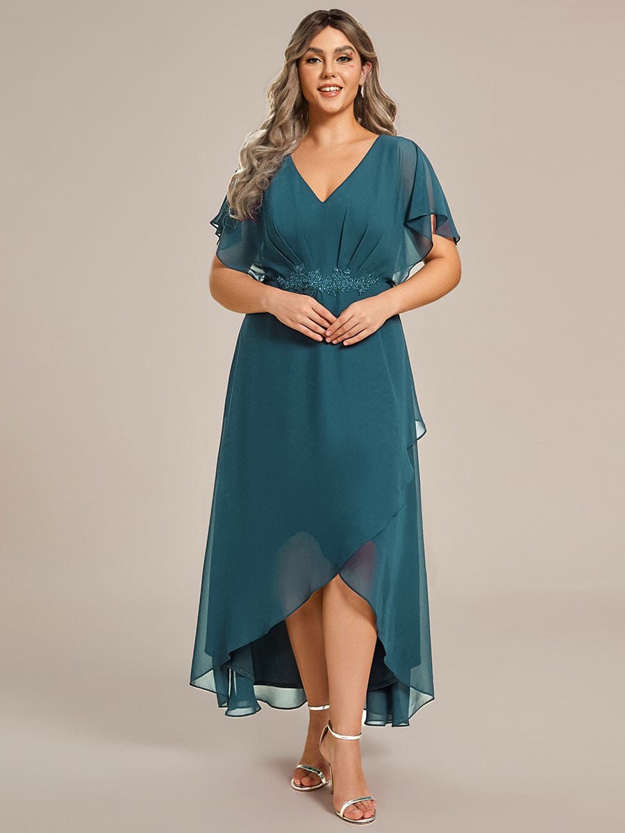 Waist Applique A-Line Chiffon V-Neck Evening Dress #color_Teal