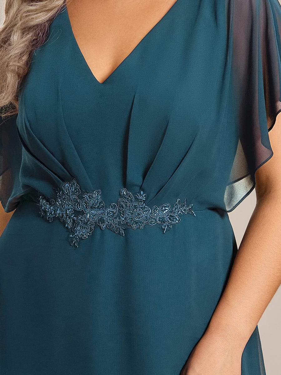 Waist Applique A-Line Chiffon V-Neck Evening Dress #color_Teal