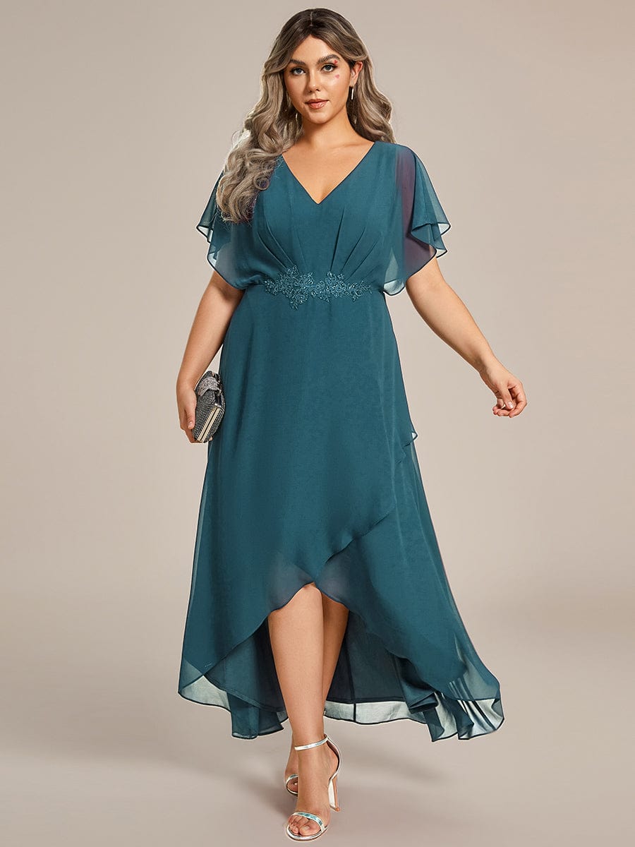 Waist Applique A-Line Chiffon V-Neck Evening Dress #color_Teal