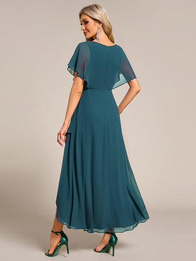 Waist Applique A-Line Chiffon V-Neck Evening Dress #color_Teal