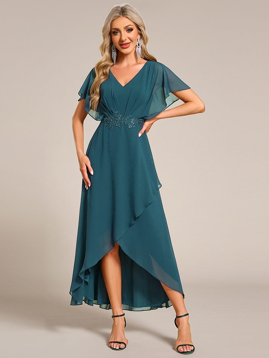 Waist Applique A-Line Chiffon V-Neck Evening Dress #color_Teal