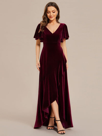 Elegant Double V-Neck Short Sleeves Velvet Bridesmaid Dress #color_Burgundy
