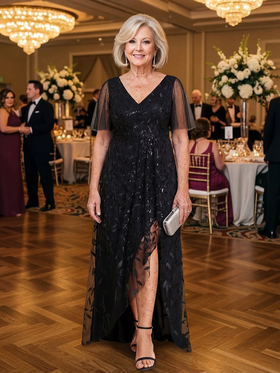 V-Neck Sequined Evening Dresses with High Slit #color_Black