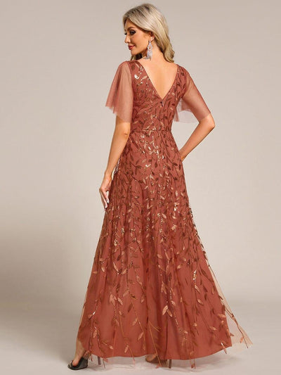 V-Neck Sequined Wedding Guest Dresses with High Slit #color_Burnt Orange