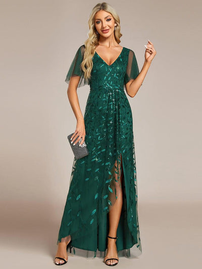 V-Neck Sequined Wedding Guest Dresses with High Slit #color_Dark Green
