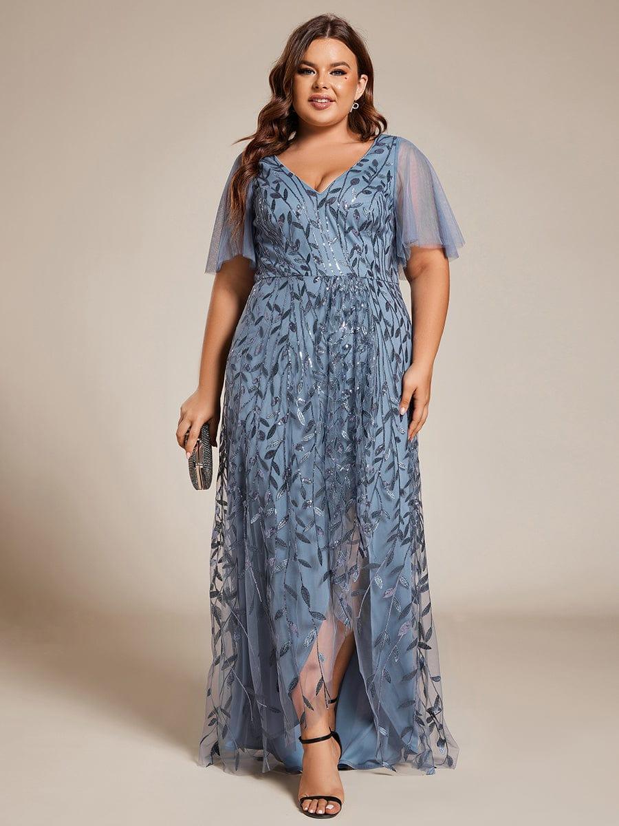 Plus Size V-Neck Sequined Evening Dresses with High Slit #color_Dusty Blue