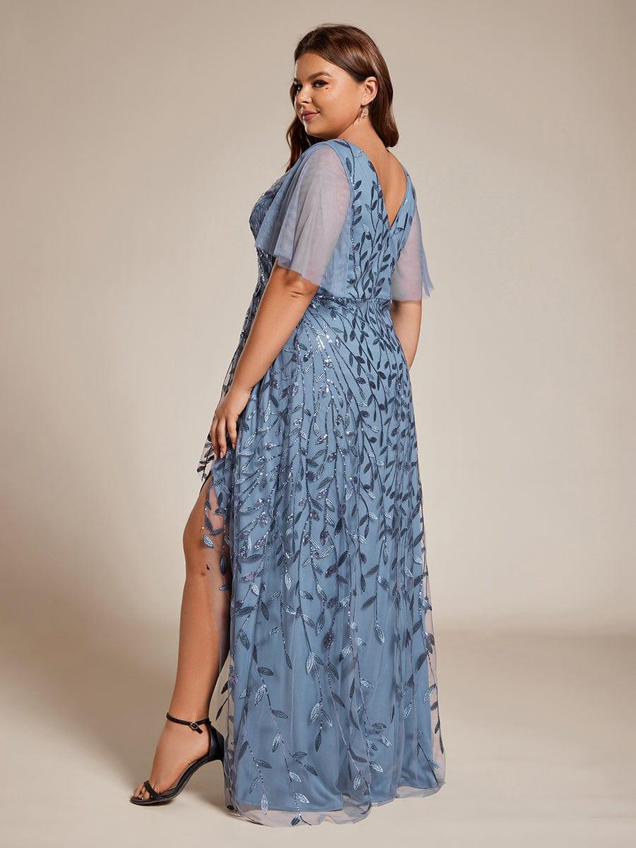 Plus Size V-Neck Sequined Evening Dresses with High Slit #color_Dusty Blue